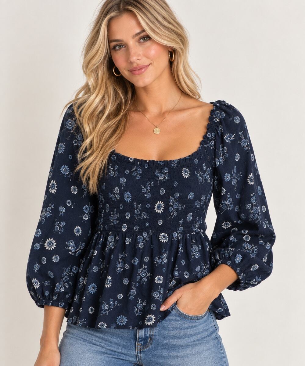 Madewell Navy Floral Smocked Peasant Blouse – Size 8